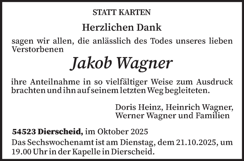 Traueranzeige für Jakob Wagner vom 11.10.2025 aus trierischer_volksfreund
