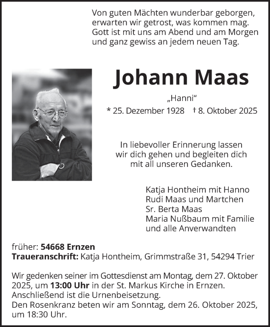 Traueranzeige von Johann Maas von trierischer_volksfreund