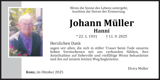 Traueranzeige von Johann Müller von trierischer_volksfreund