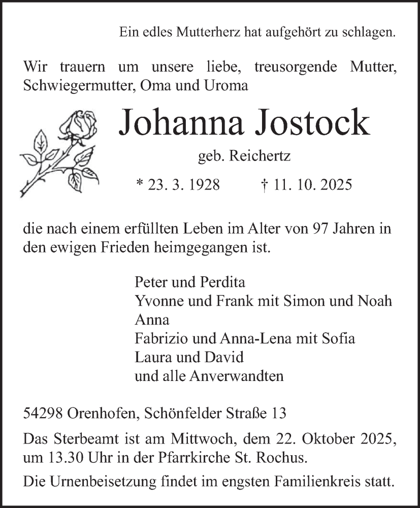  Traueranzeige für Johanna Jostock vom 18.10.2025 aus trierischer_volksfreund