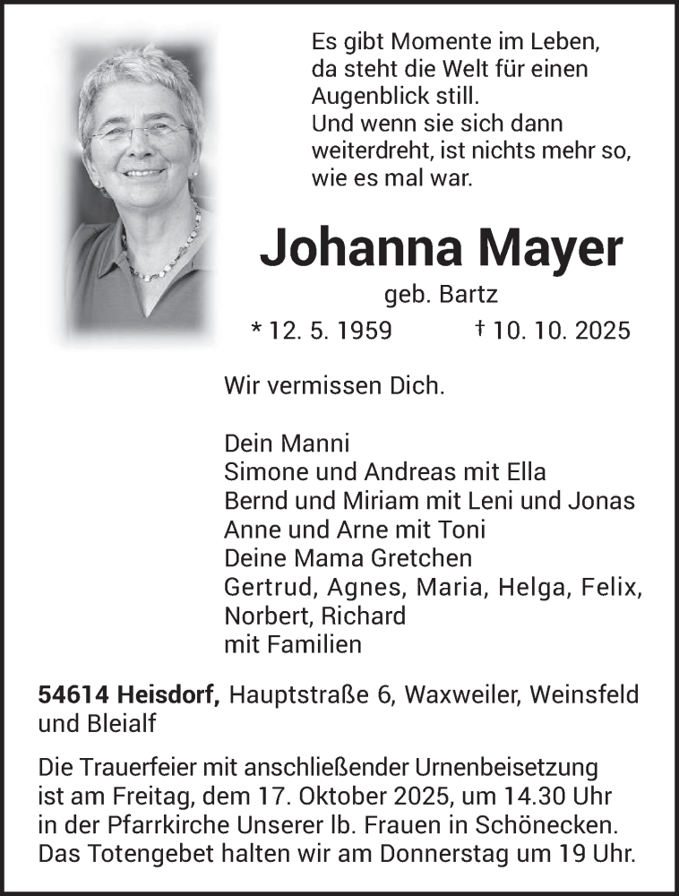  Traueranzeige für Johanna Mayer vom 14.10.2025 aus trierischer_volksfreund
