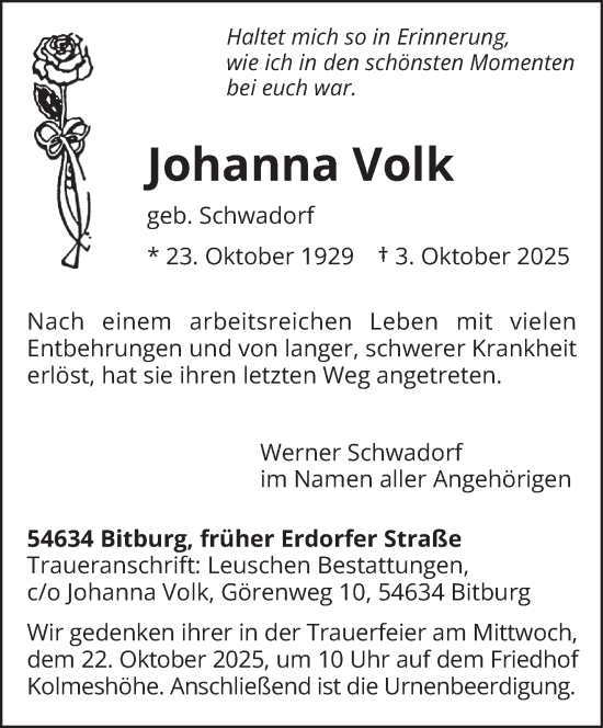 Traueranzeige von Johanna Volk von trierischer_volksfreund