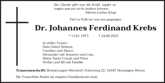 Traueranzeige von Johannes Ferdinand Krebs von trierischer_volksfreund