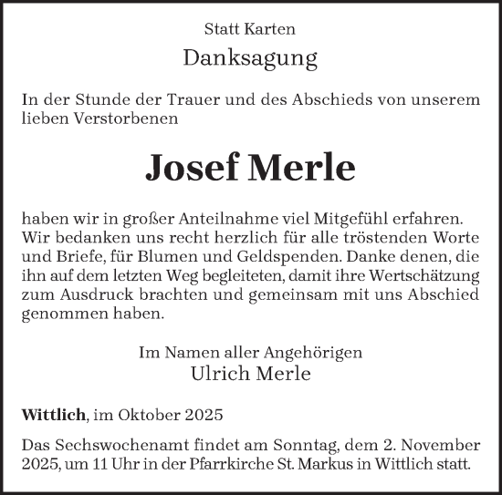 Traueranzeige von Josef Merle von trierischer_volksfreund