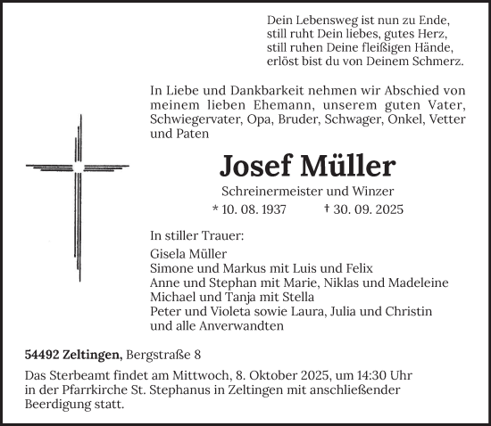 Traueranzeige von Josef Müller von trierischer_volksfreund