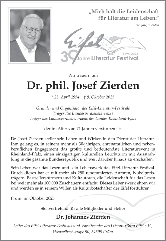 Traueranzeige von Josef Zierden von trierischer_volksfreund