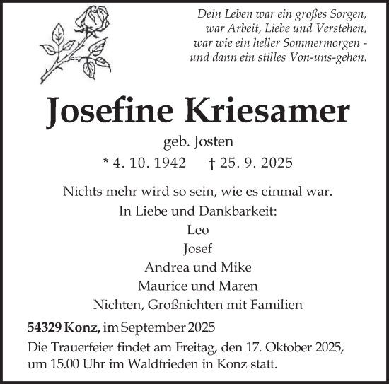 Traueranzeige von Josefine Kriesamer von trierischer_volksfreund