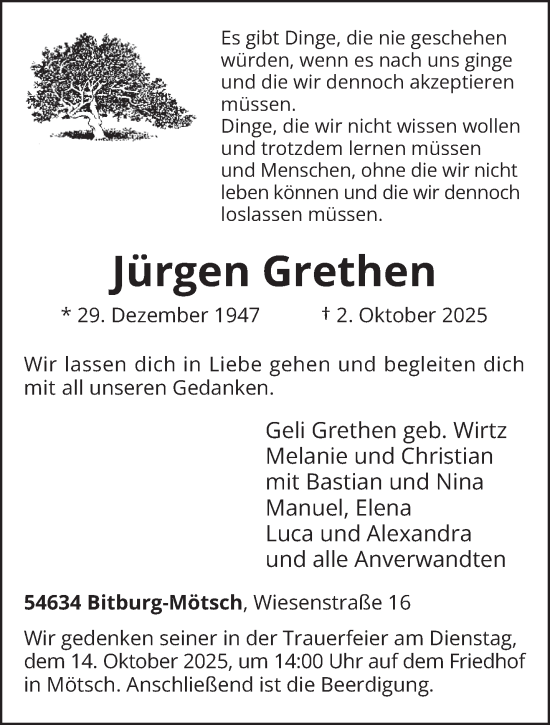 Traueranzeige von Jürgen Grethen von trierischer_volksfreund