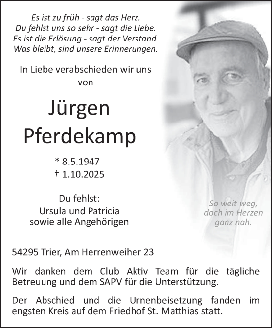 Traueranzeige von Jürgen Pferdekamp von trierischer_volksfreund