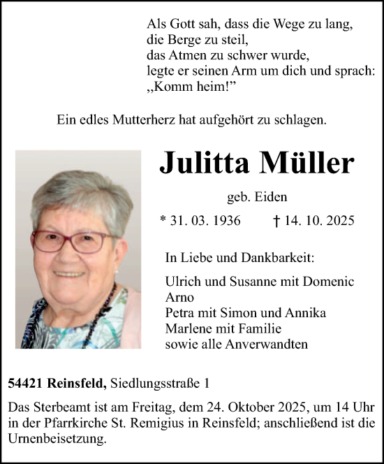 Traueranzeige von Julitta Müller von trierischer_volksfreund
