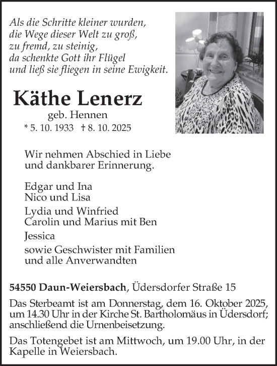 Traueranzeige von Käthe Lenerz von trierischer_volksfreund