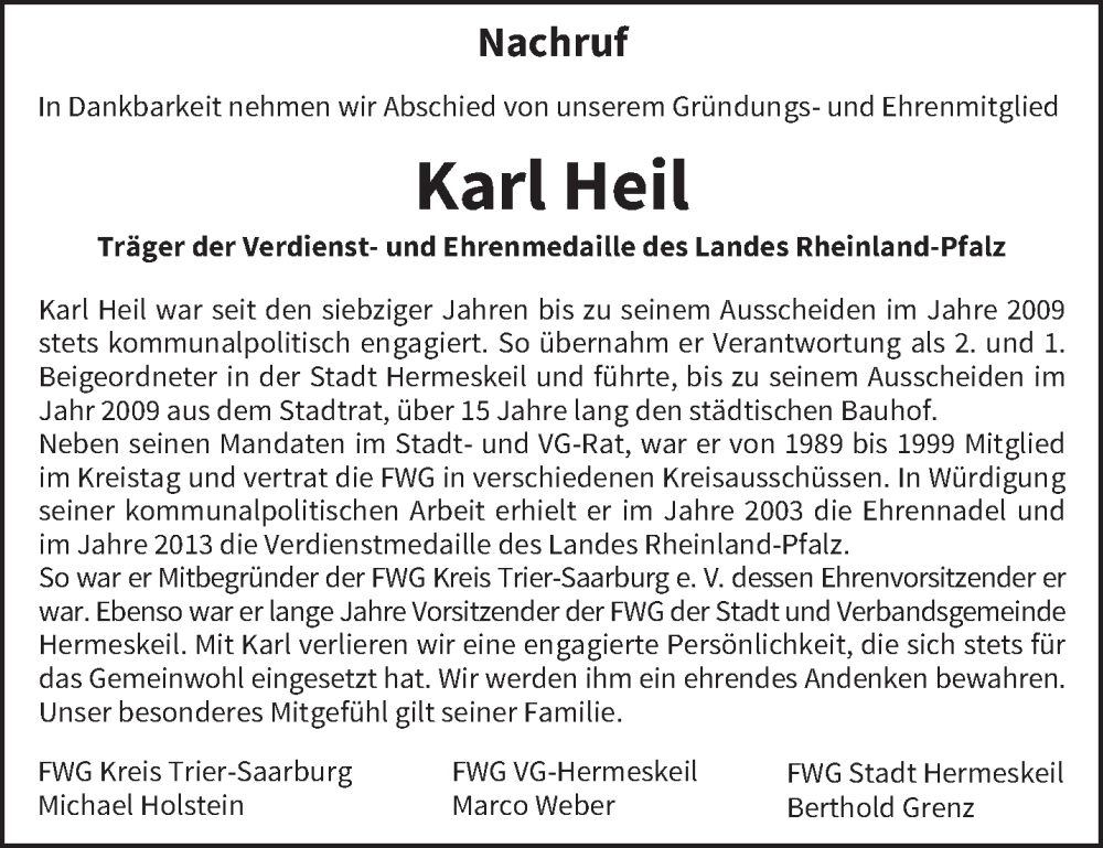  Traueranzeige für Karl Heil vom 09.10.2025 aus trierischer_volksfreund