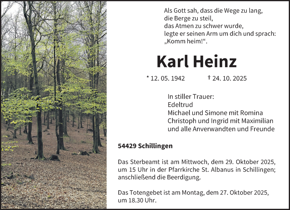  Traueranzeige für Karl Heinz vom 25.10.2025 aus trierischer_volksfreund