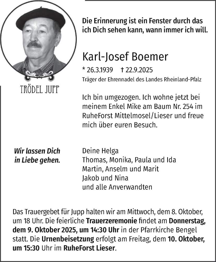  Traueranzeige für Karl-Josef Boemer vom 04.10.2025 aus trierischer_volksfreund
