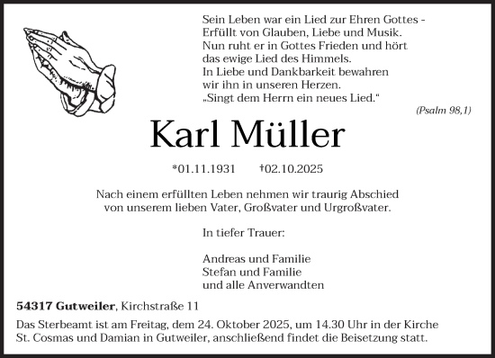 Traueranzeige von Karl Müller von trierischer_volksfreund