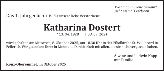 Traueranzeige von Katharina Dostert von trierischer_volksfreund