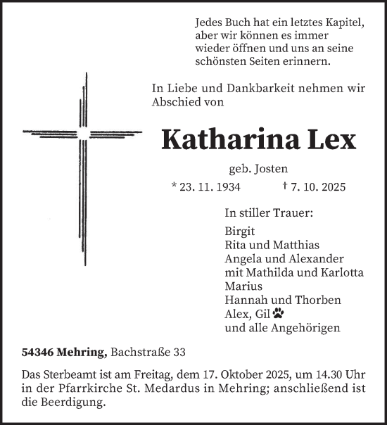 Traueranzeige von Katharina Lex von trierischer_volksfreund