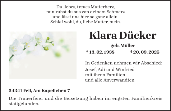Traueranzeige von Klara Dücker von trierischer_volksfreund