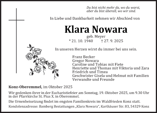 Traueranzeige von Klara Nowara von trierischer_volksfreund