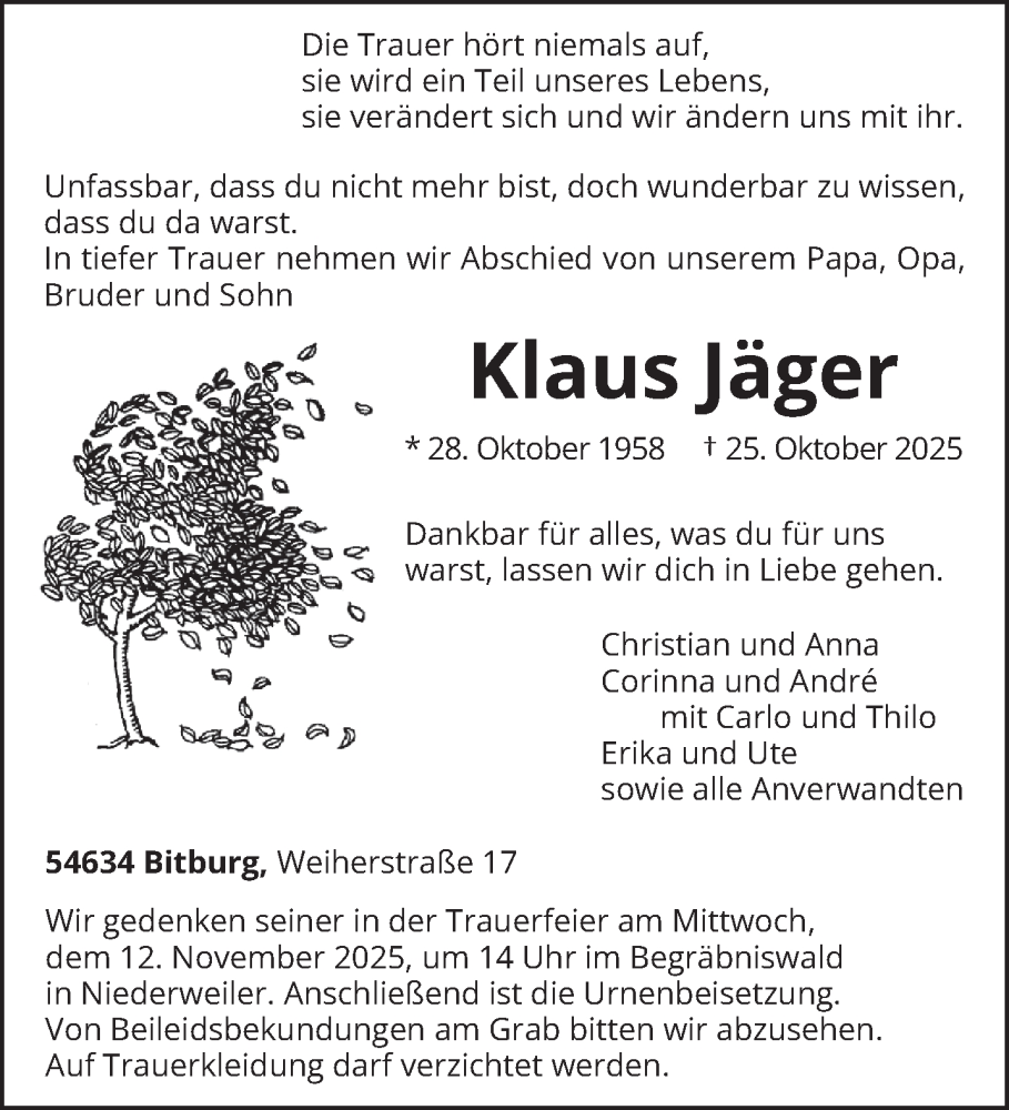  Traueranzeige für Klaus Jäger vom 30.10.2025 aus trierischer_volksfreund