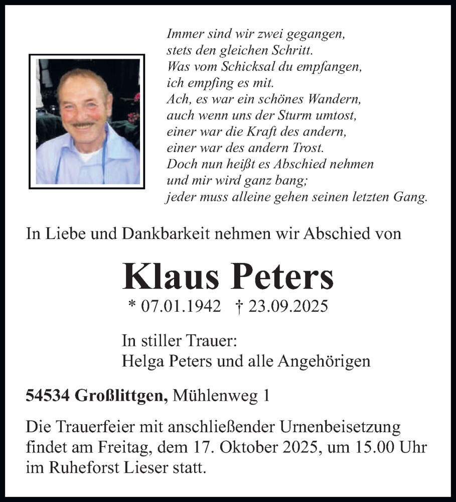  Traueranzeige für Klaus Peters vom 04.10.2025 aus trierischer_volksfreund