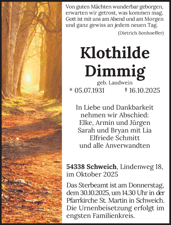 Traueranzeige von Klothilde Dimmig von trierischer_volksfreund