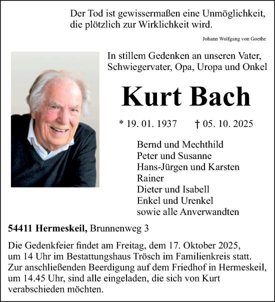 Traueranzeige von Kurt Bach von trierischer_volksfreund