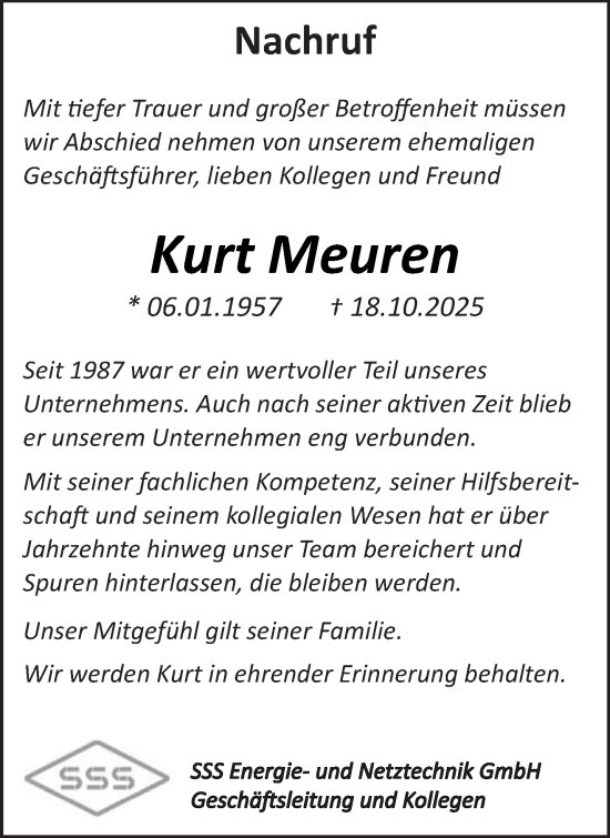 Traueranzeige von Kurt Meuren von trierischer_volksfreund