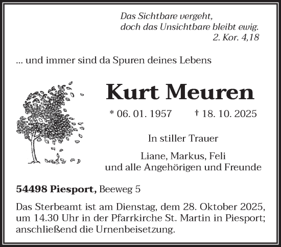 Traueranzeige von Kurt Meuren von trierischer_volksfreund