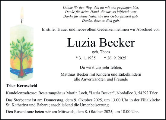 Traueranzeige von Luzia Becker von trierischer_volksfreund