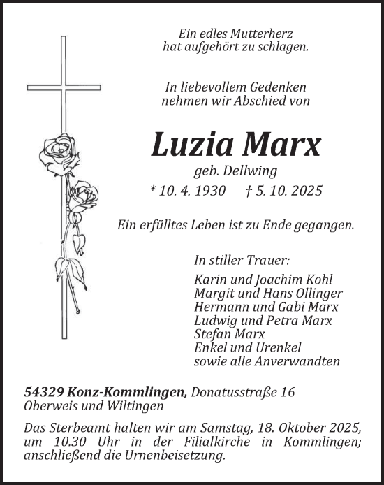 Traueranzeige von Luzia Marx von trierischer_volksfreund