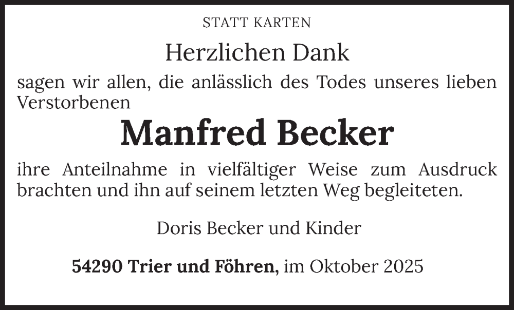  Traueranzeige für Manfred Becker vom 18.10.2025 aus trierischer_volksfreund