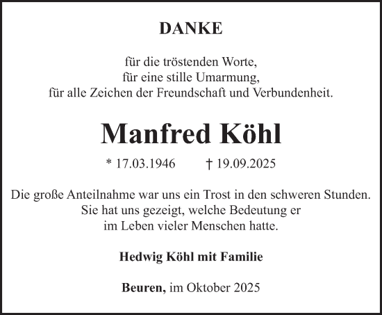 Traueranzeige von Manfred Köhl von trierischer_volksfreund