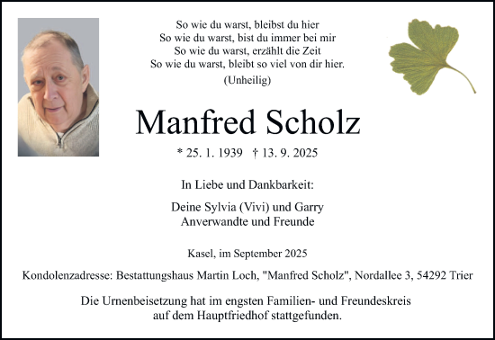Traueranzeige von Manfred Scholz von trierischer_volksfreund