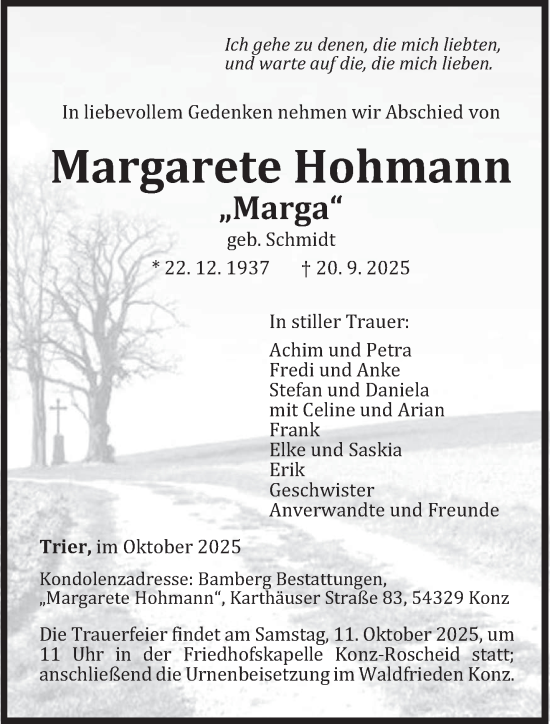 Traueranzeige von Margarete Hohmann von trierischer_volksfreund