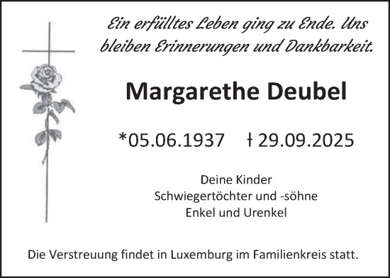 Traueranzeige von Margarethe Deubel von trierischer_volksfreund