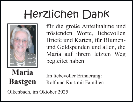 Traueranzeige von Maria Bastgen von trierischer_volksfreund