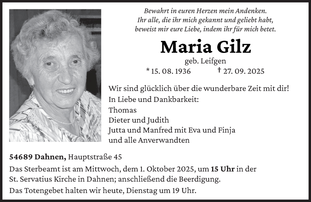  Traueranzeige für Maria Gilz vom 30.09.2025 aus trierischer_volksfreund