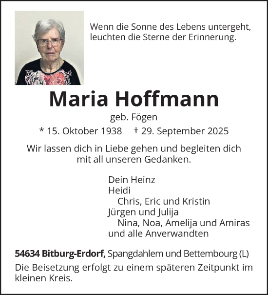 Traueranzeige von Maria Hoffmann von trierischer_volksfreund