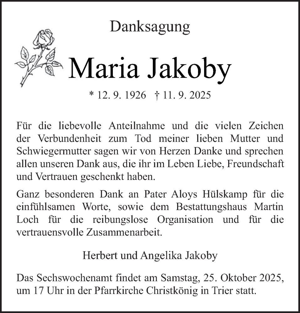  Traueranzeige für Maria Jakoby vom 18.10.2025 aus trierischer_volksfreund