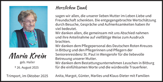 Traueranzeige von Maria Krein von trierischer_volksfreund