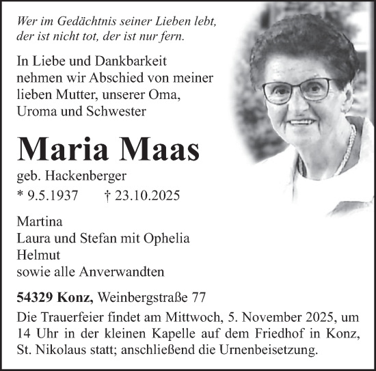 Traueranzeige von Maria Maas von trierischer_volksfreund
