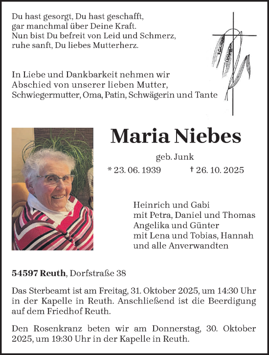Traueranzeige von Maria Niebes von trierischer_volksfreund