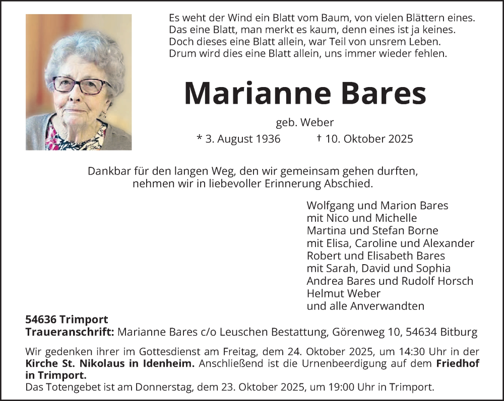 Traueranzeige für Marianne Bares vom 15.10.2025 aus trierischer_volksfreund