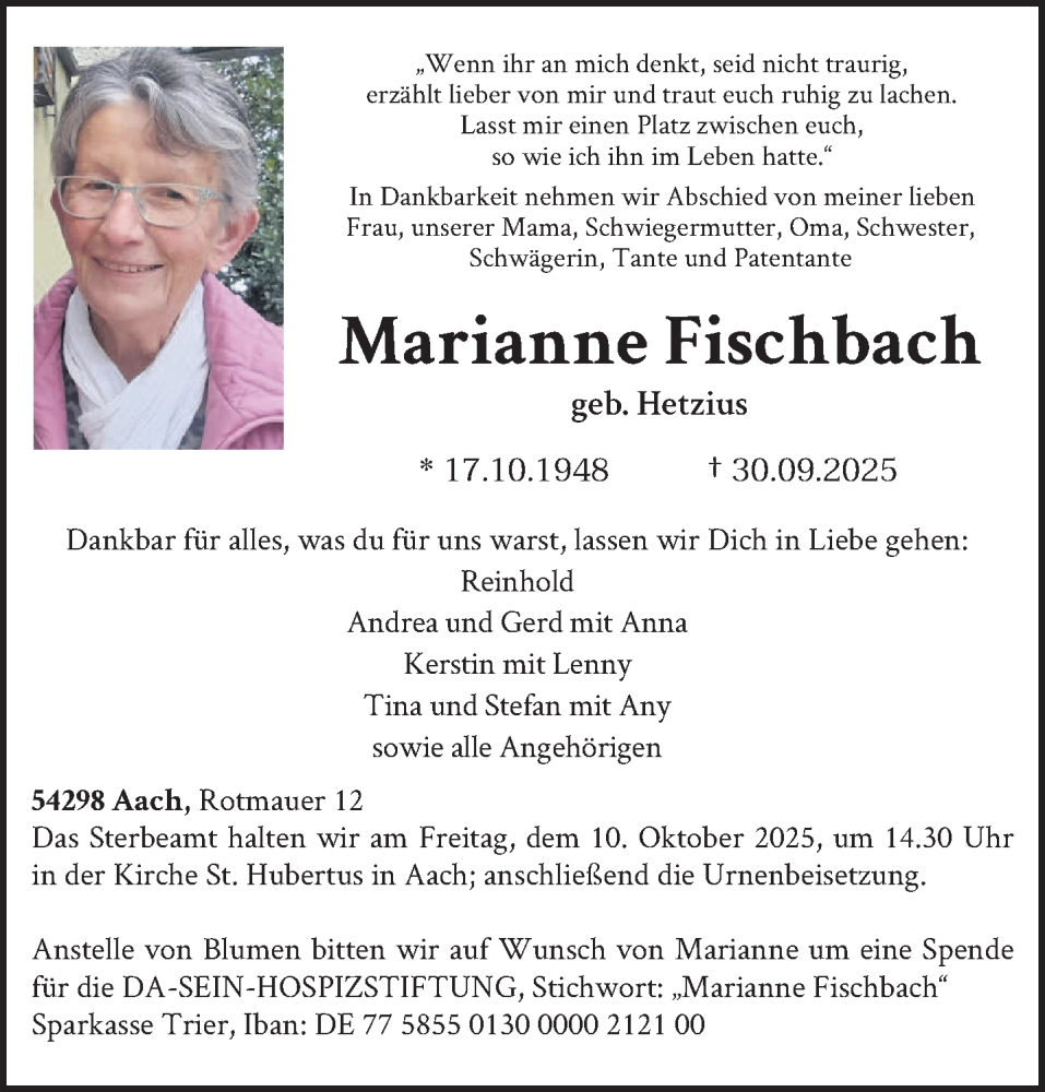  Traueranzeige für Marianne Fischbach vom 08.10.2025 aus trierischer_volksfreund