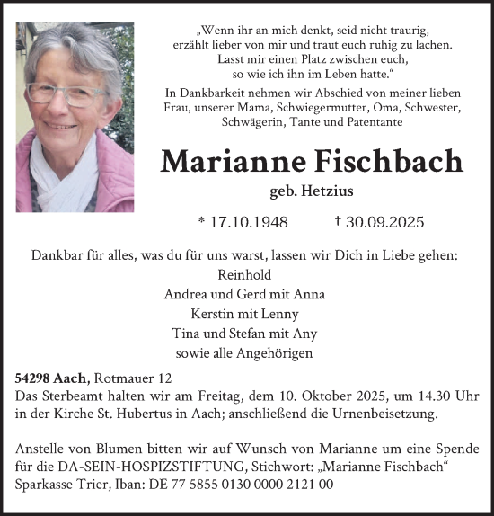 Traueranzeige von Marianne Fischbach von trierischer_volksfreund