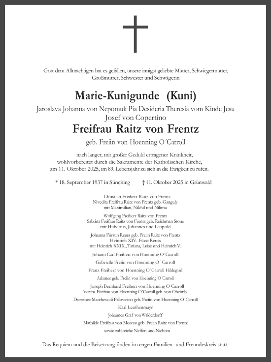 Traueranzeige von Marie-Kunigunde Raitz von Frentz von trierischer_volksfreund