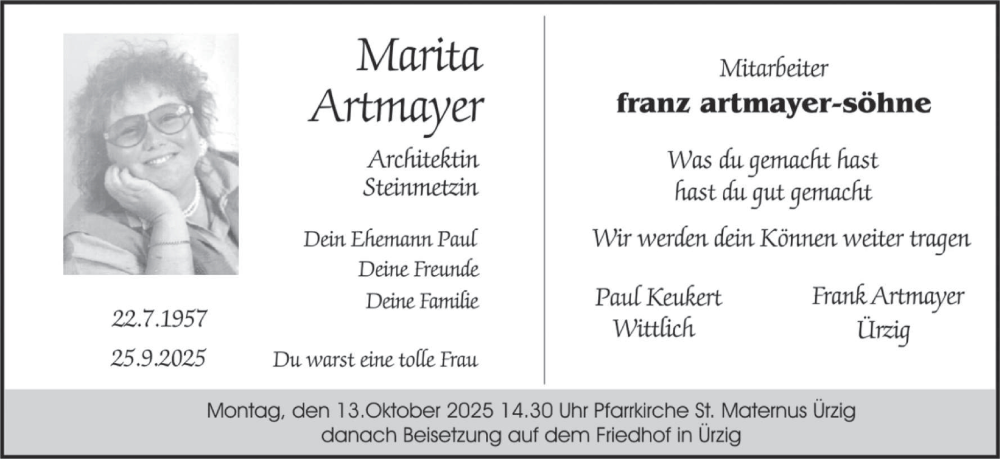  Traueranzeige für Marita Artmayer vom 08.10.2025 aus trierischer_volksfreund
