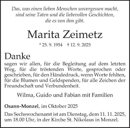 Traueranzeige von Marita Zeimetz von trierischer_volksfreund