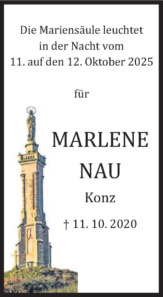  Traueranzeige für Marlene Nau vom 11.10.2025 aus trierischer_volksfreund